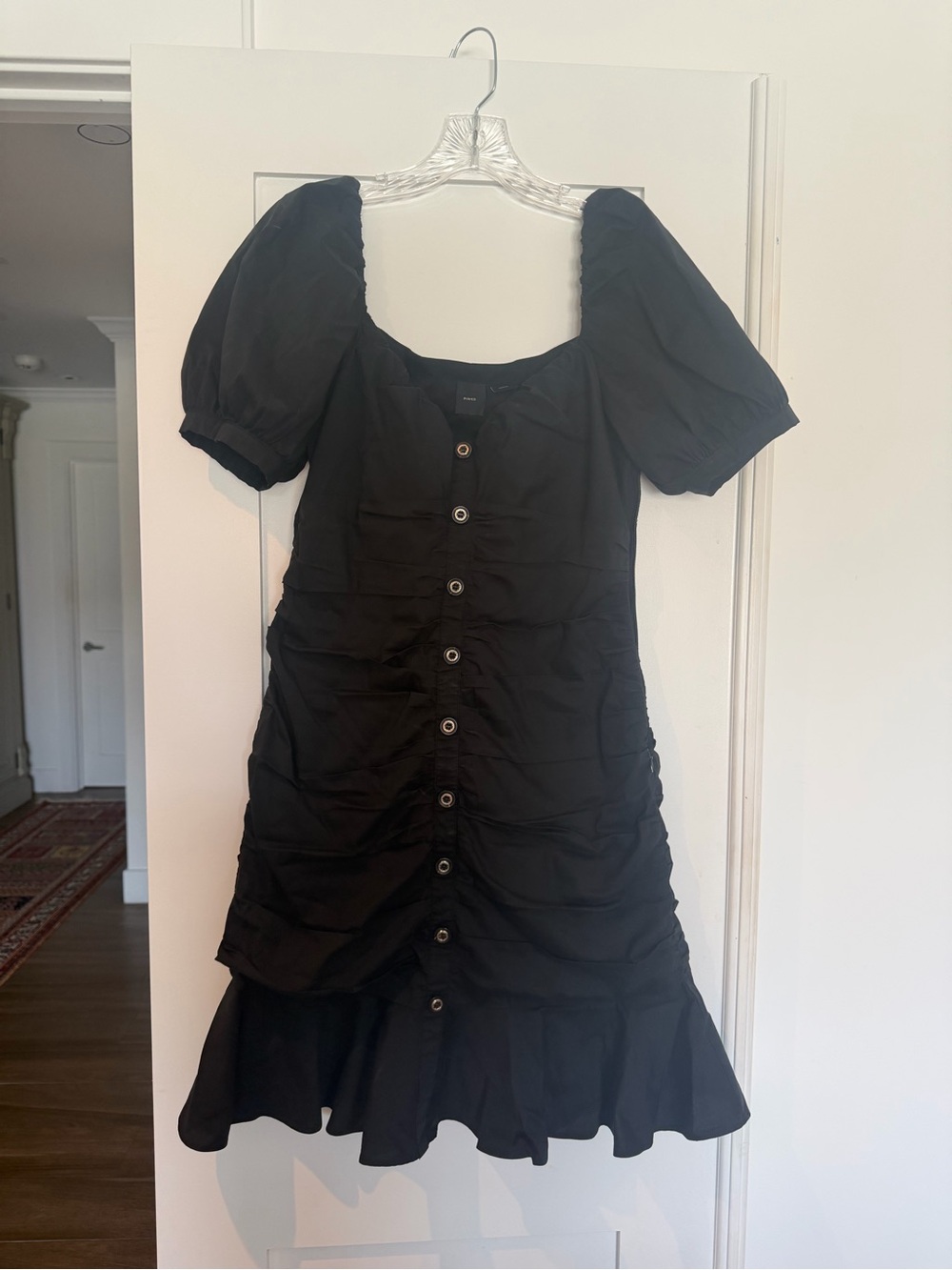 Pinko Black Puff-Sleeve Ruched Button-Front Dress with Flounce Hem
